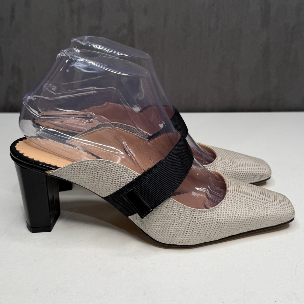 Sapataria do Carmo Mule Heels Womens 40 Cream Black Lizard Embossed‎ Square Toe